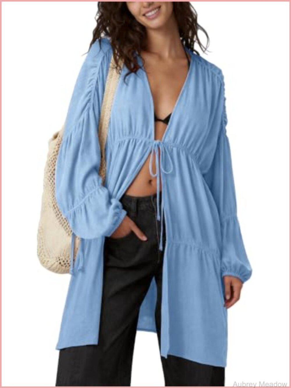 Womens Slouchy Linen Kimono Duster Tie Front Coverup with Pockets